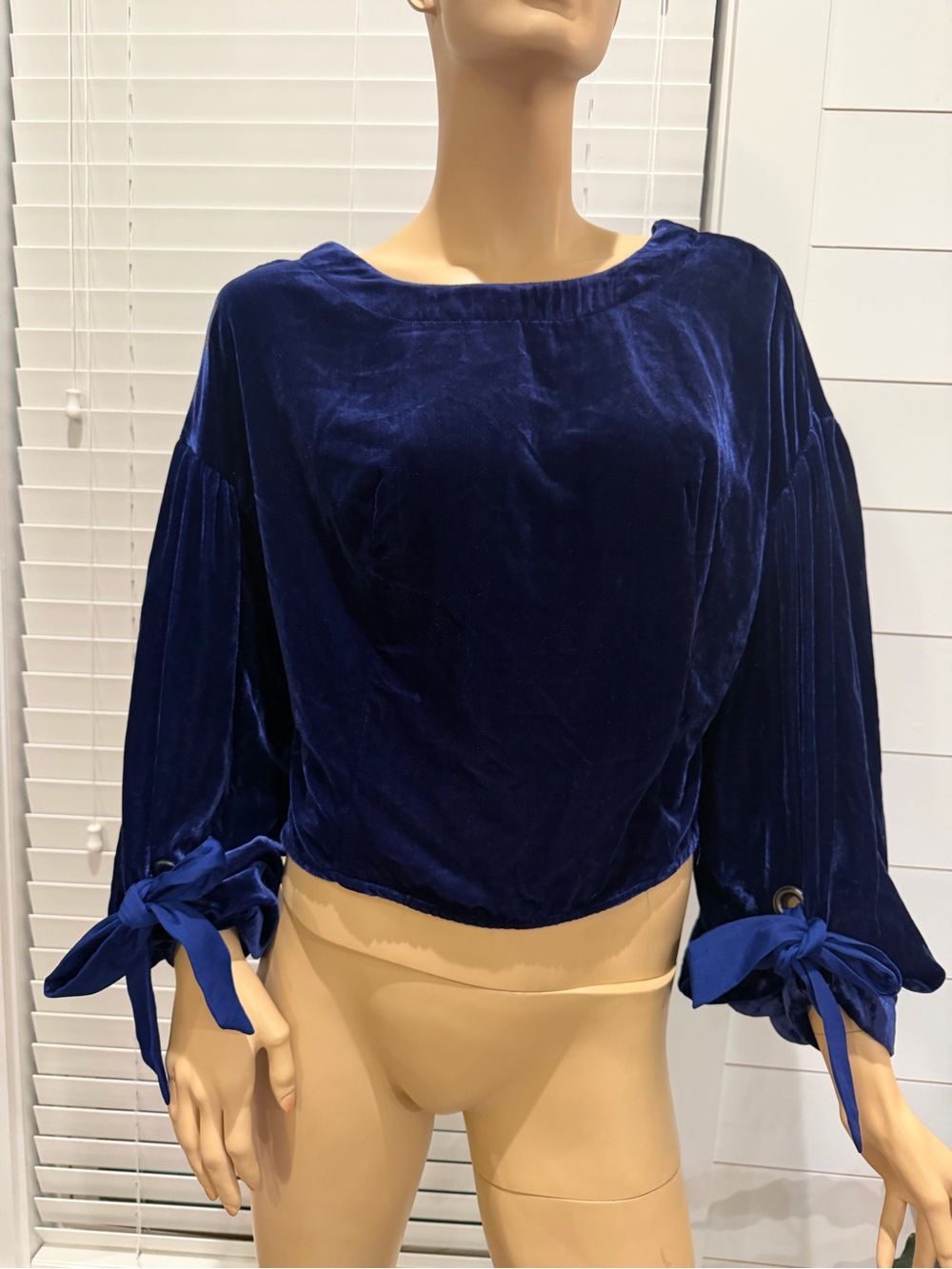 Free People Velvet Tie-Cuff Long Sleeve Crop Top (Blue) Size XS